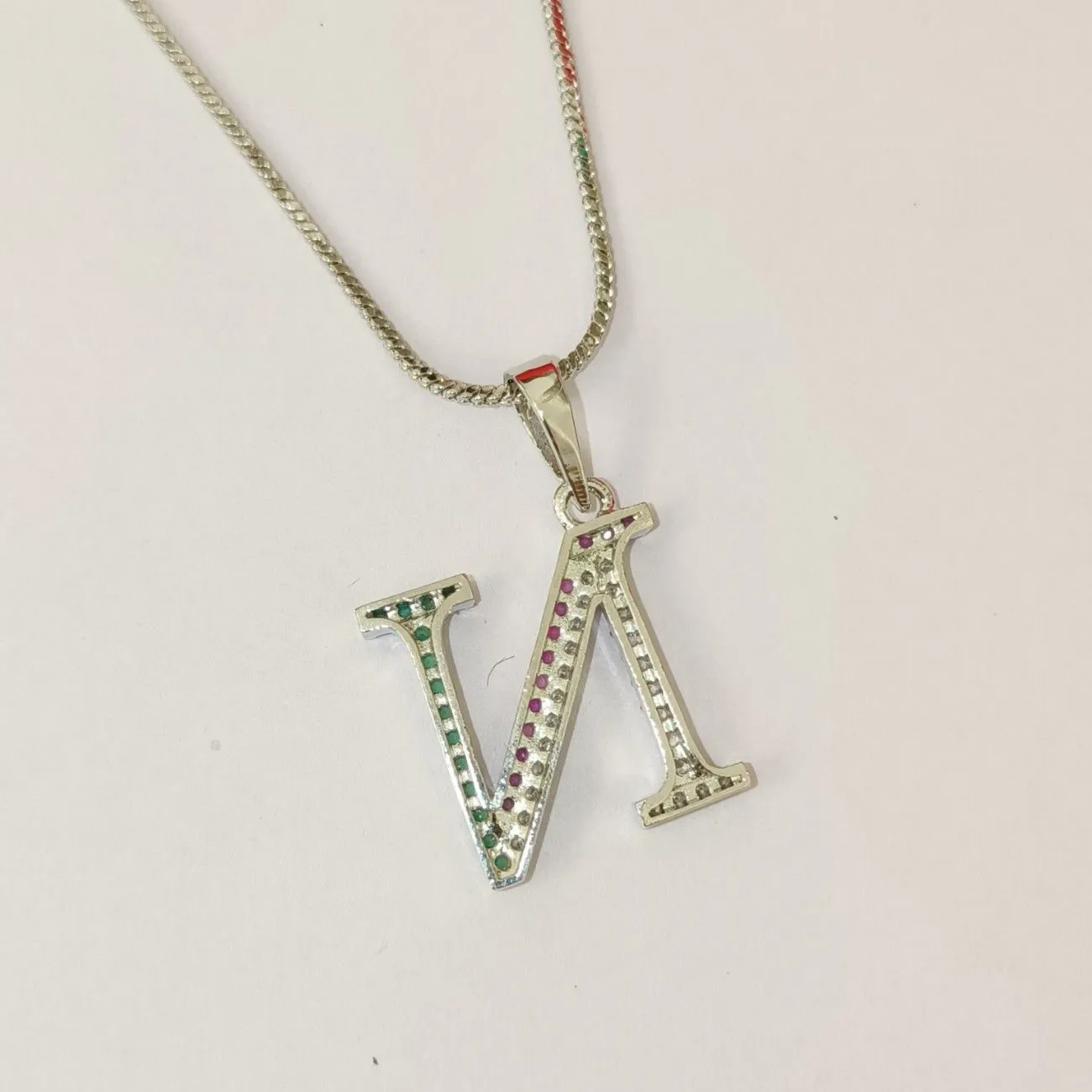 Nimoraa N Initial Silver Plated Pendant Chain with Red & Green Stones