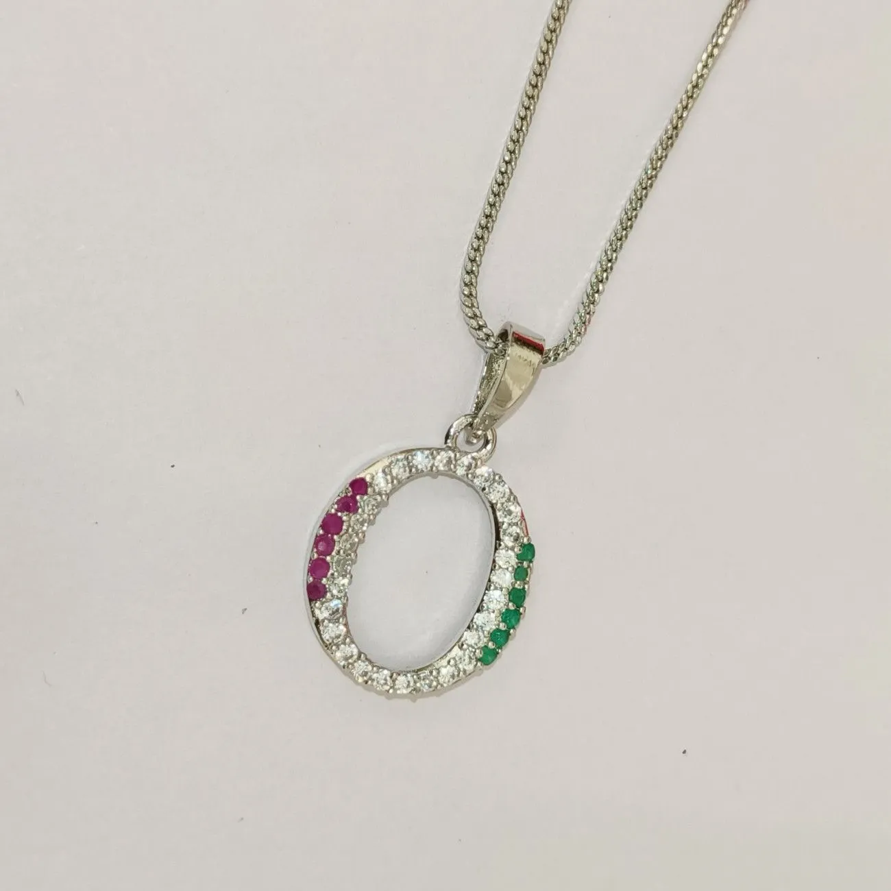 Nimoraa O Initial Silver Plated Pendant Chain with Red & Green Stones