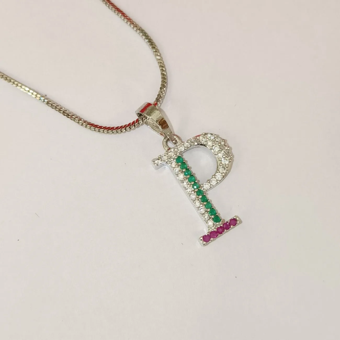 Nimoraa P Initial Silver Plated Pendant Chain with Red & Green Stones