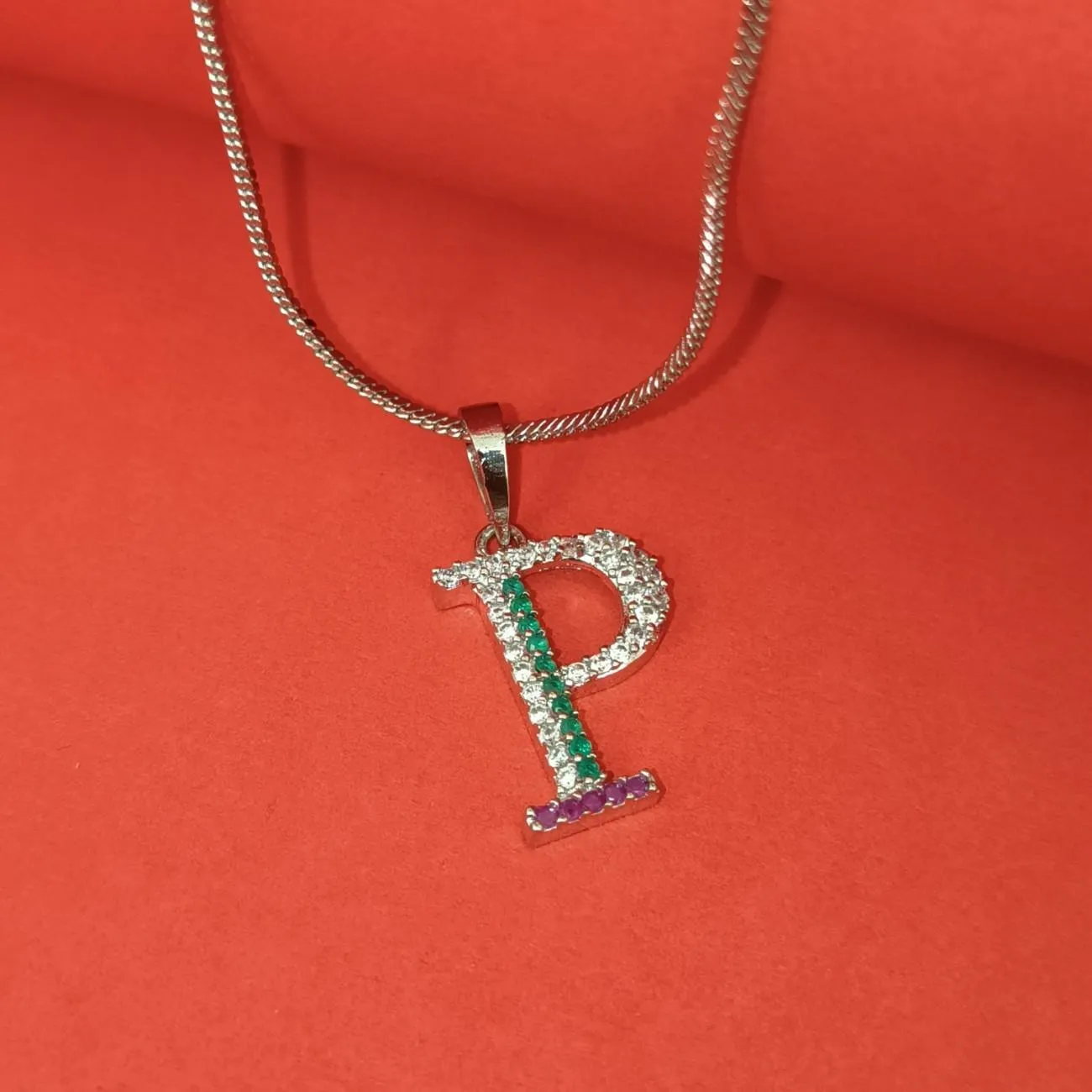 Nimoraa P Initial Silver Plated Pendant Chain with Red & Green Stones