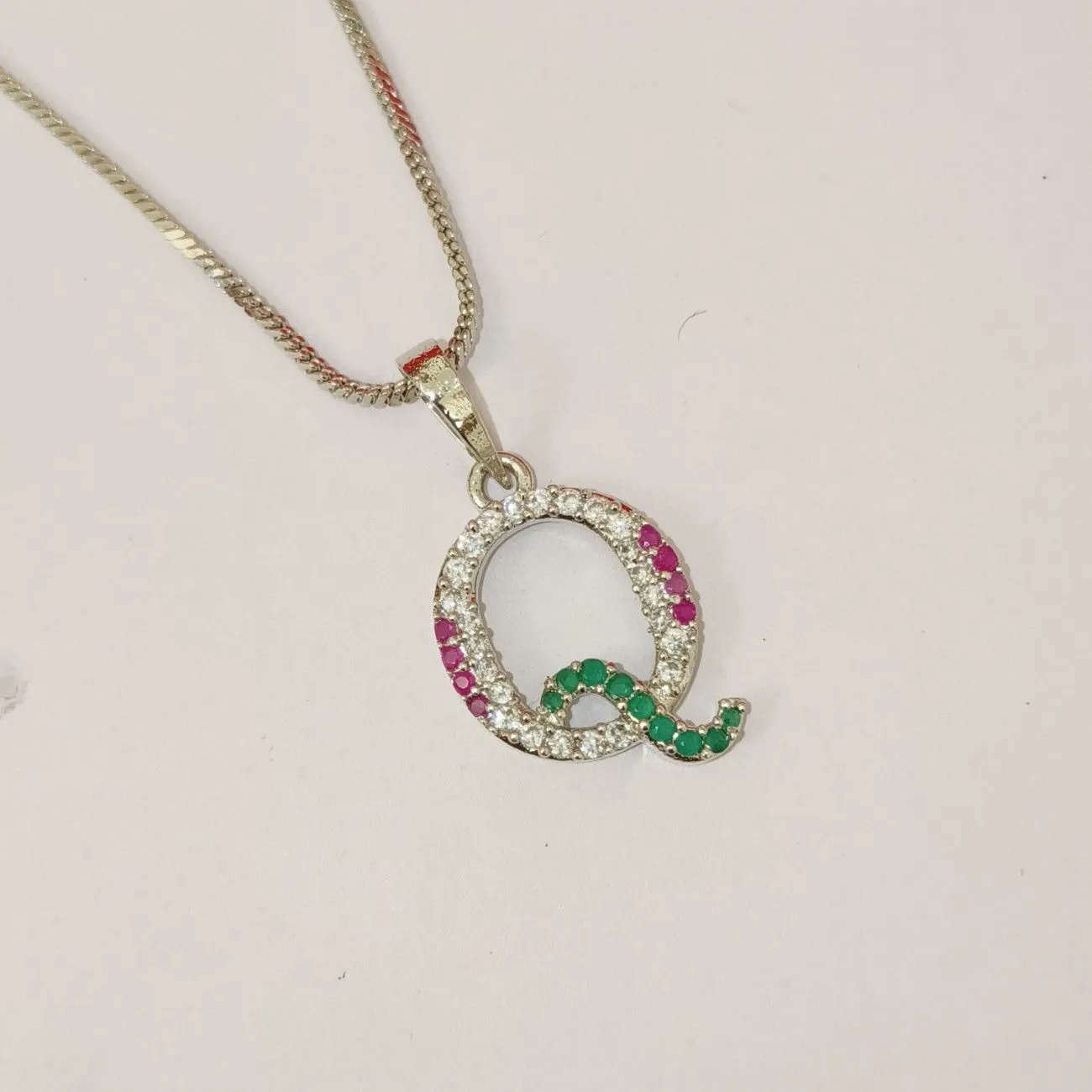 Nimoraa Q Initial Silver Plated Pendant Chain with Red & Green Stones