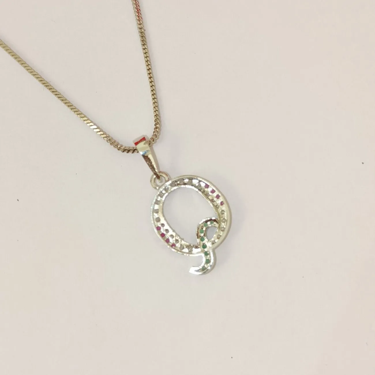 Nimoraa Q Initial Silver Plated Pendant Chain with Red & Green Stones