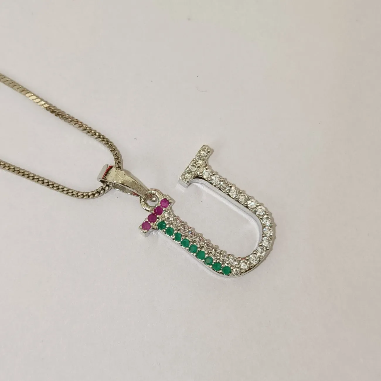 Nimoraa U Initial Silver Plated Pendant Chain with Red & Green Stones