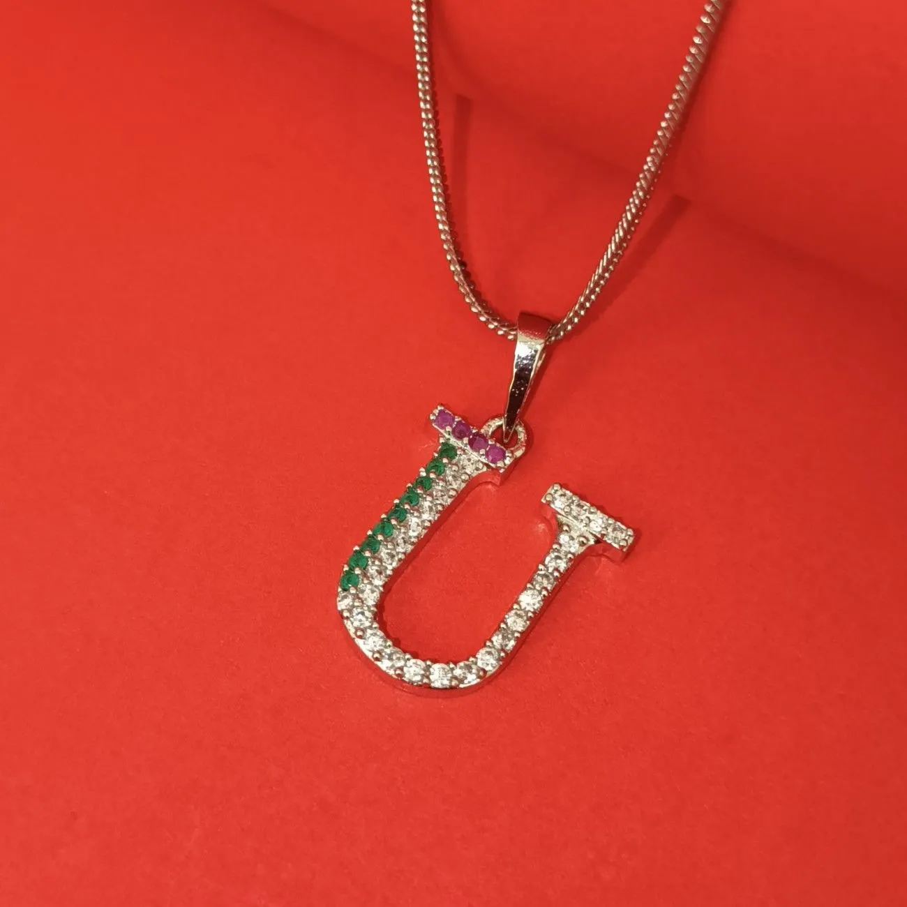 Nimoraa U Initial Silver Plated Pendant Chain with Red & Green Stones