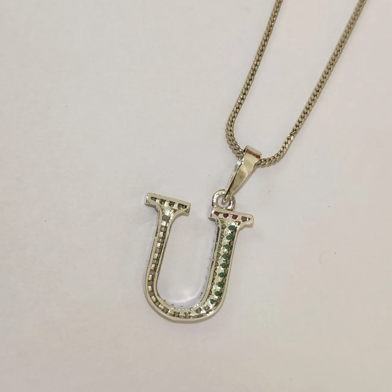 Nimoraa U Initial Silver Plated Pendant Chain with Red & Green Stones