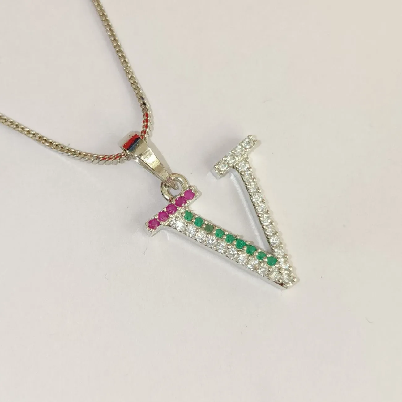 Nimoraa V Initial Silver Plated Pendant Chain with Red & Green Stones
