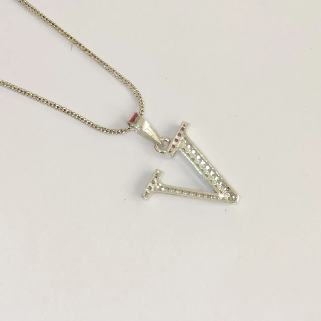 Nimoraa V Initial Silver Plated Pendant Chain with Red & Green Stones