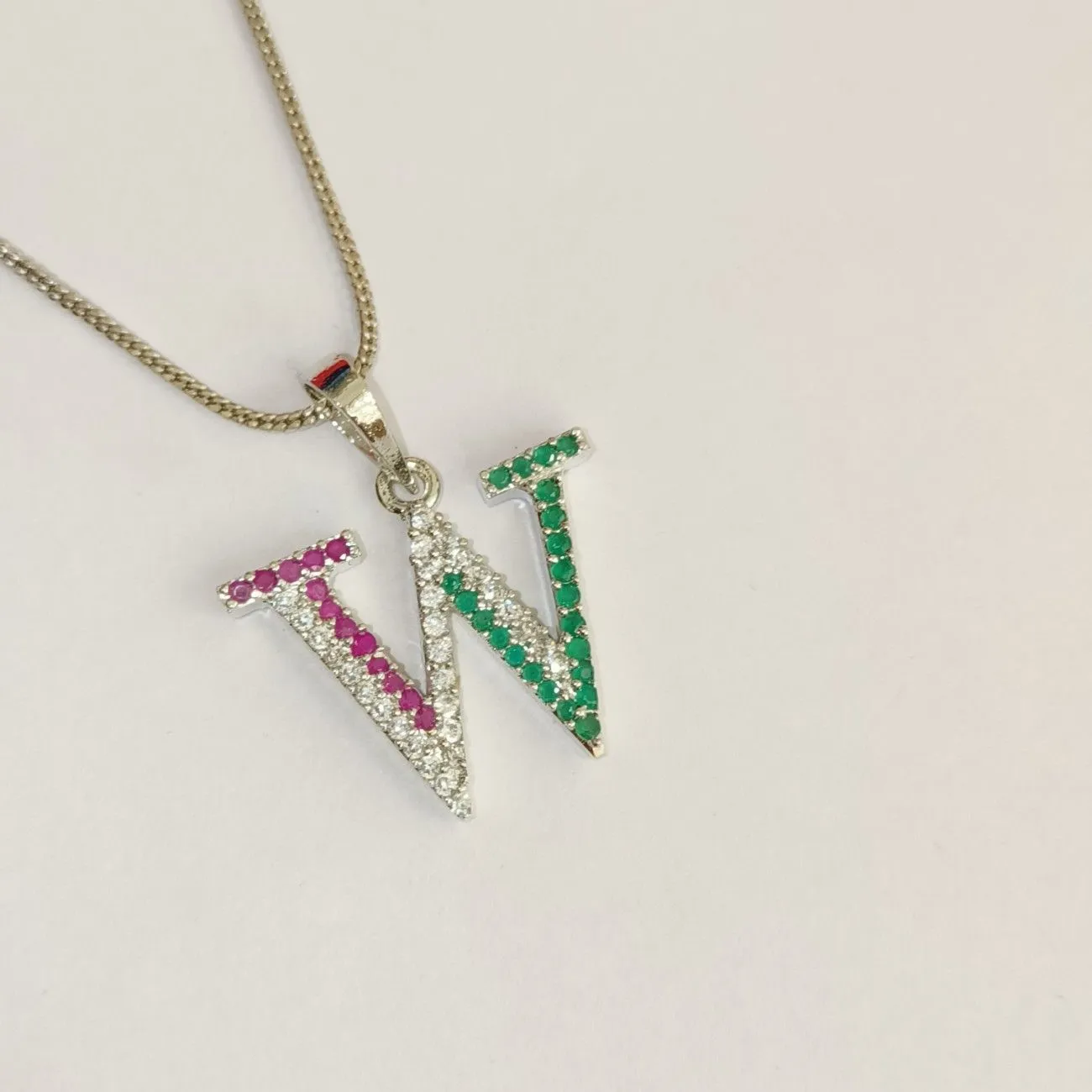 Nimoraa W Initial Silver Plated Pendant Chain with Red & Green Stones