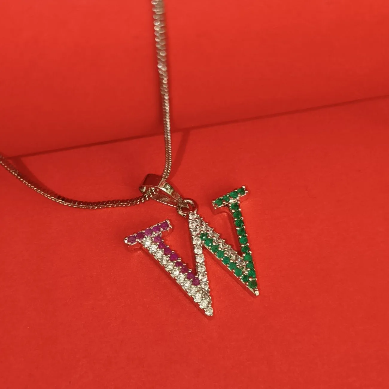 Nimoraa W Initial Silver Plated Pendant Chain with Red & Green Stones