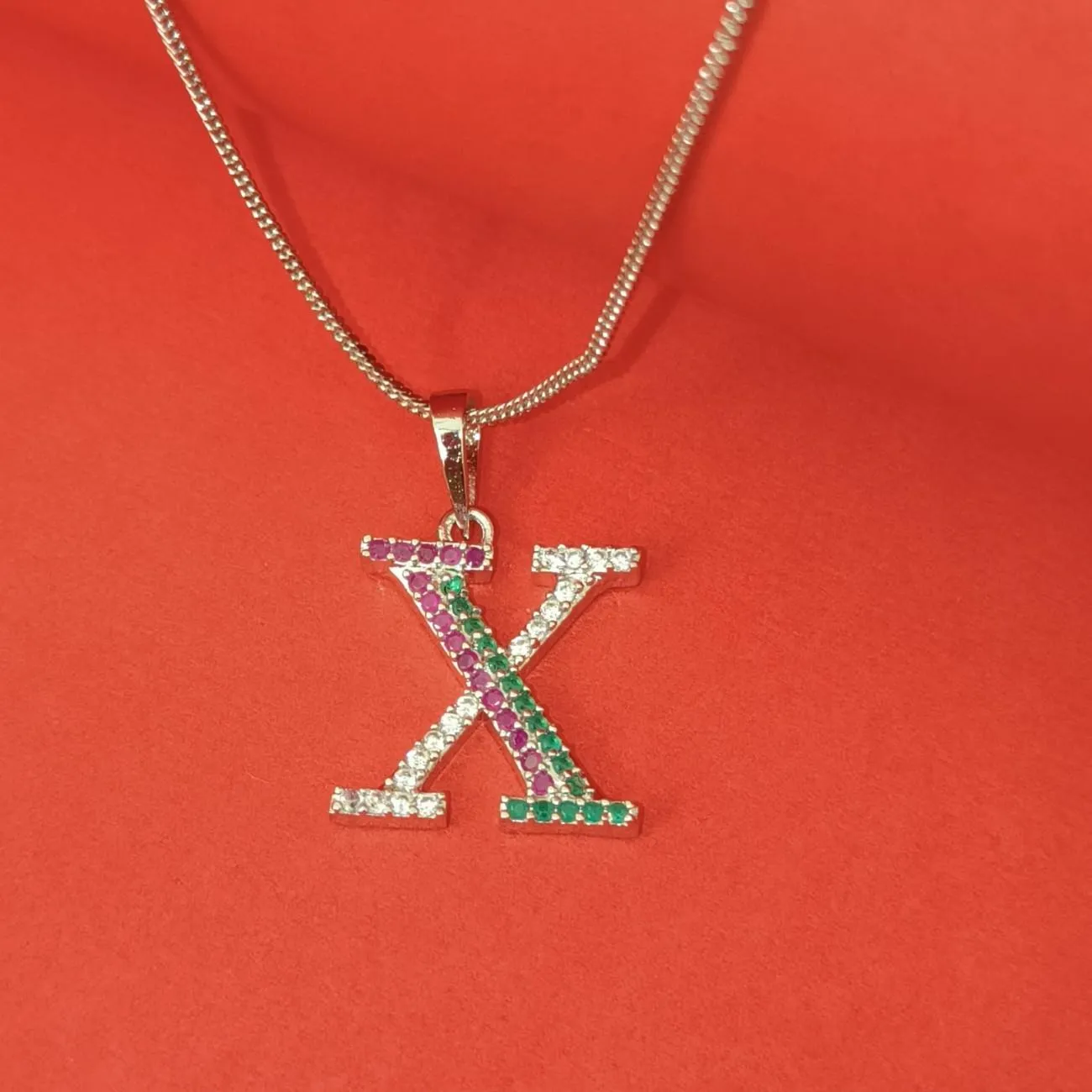 Nimoraa X Initial Silver Plated Pendant Chain with Red & Green Stones