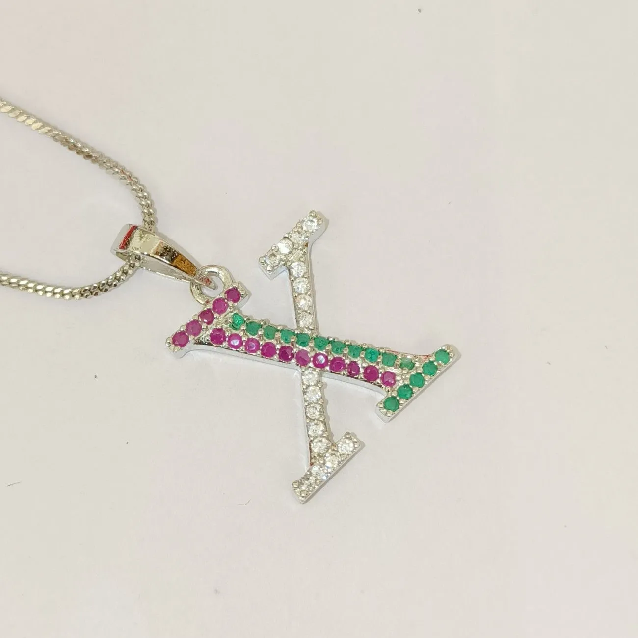 Nimoraa X Initial Silver Plated Pendant Chain with Red & Green Stones