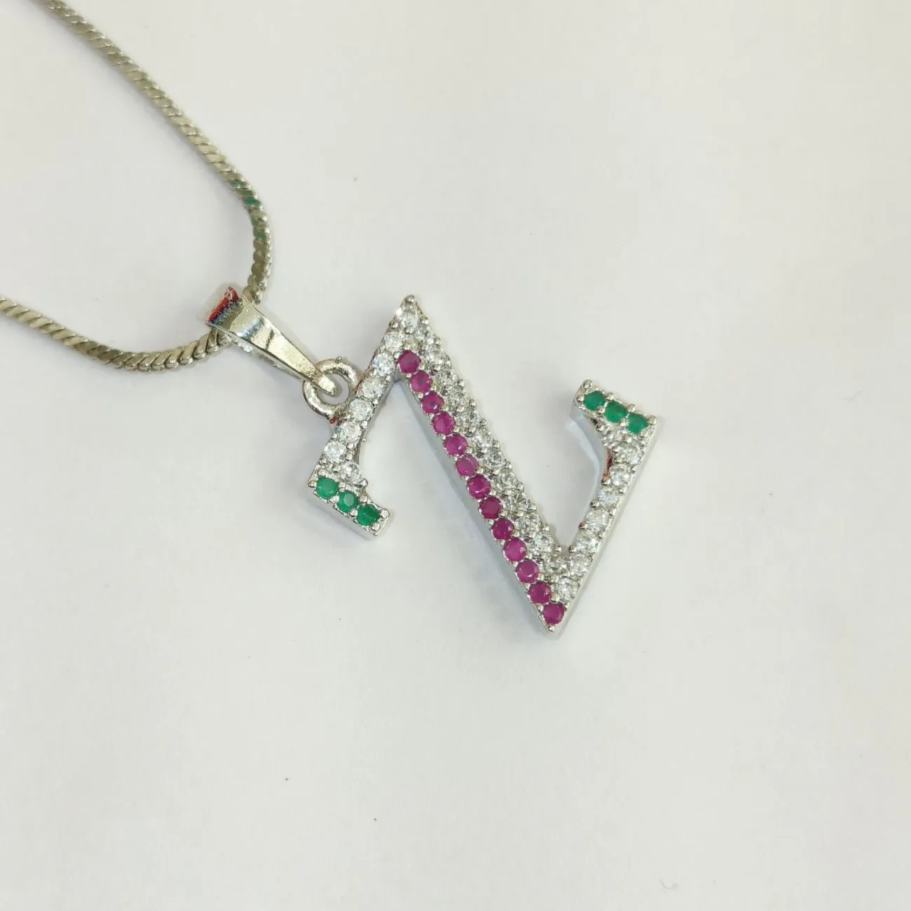 Nimoraa Z Initial Silver Plated Pendant Chain with Red & Green Stones