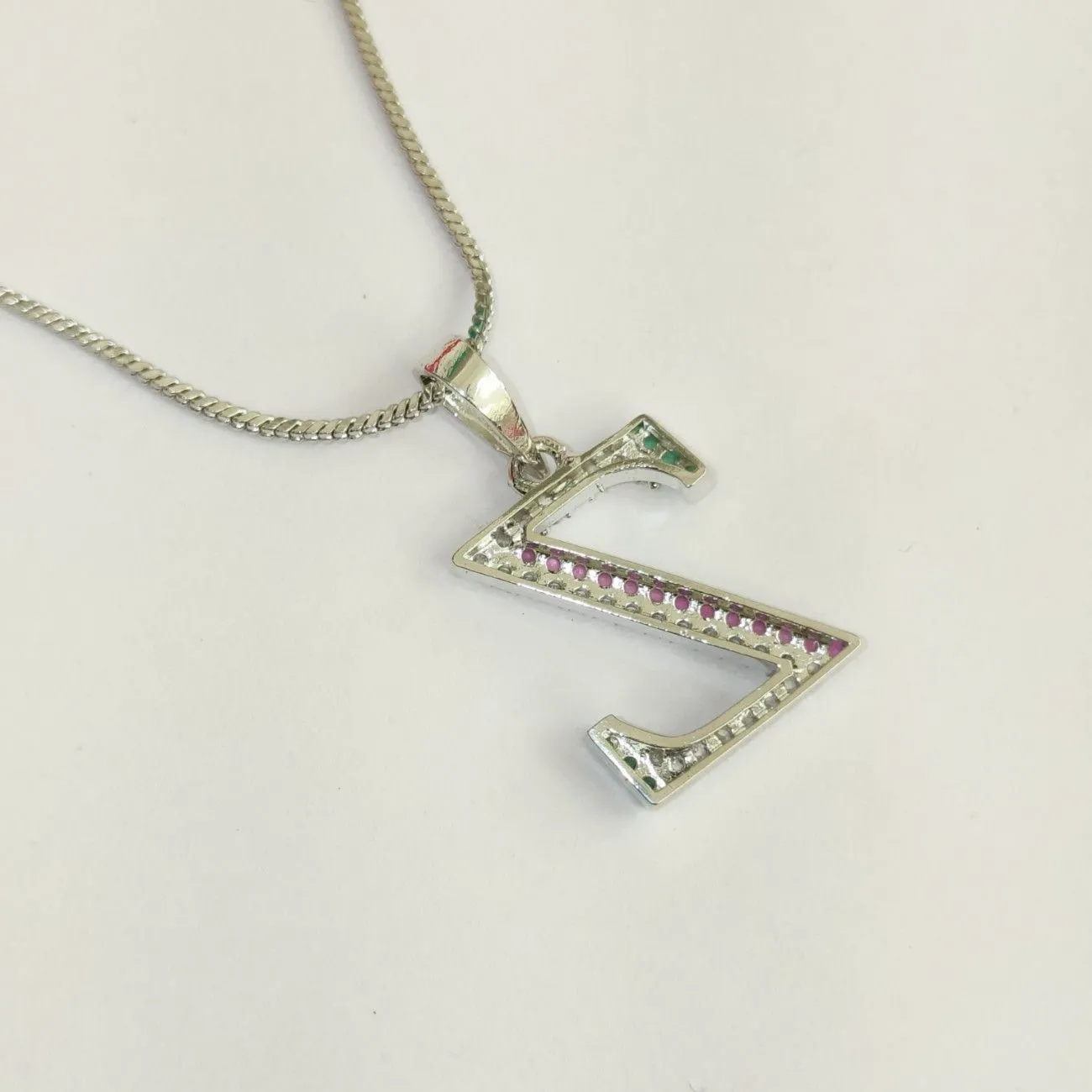Nimoraa Z Initial Silver Plated Pendant Chain with Red & Green Stones