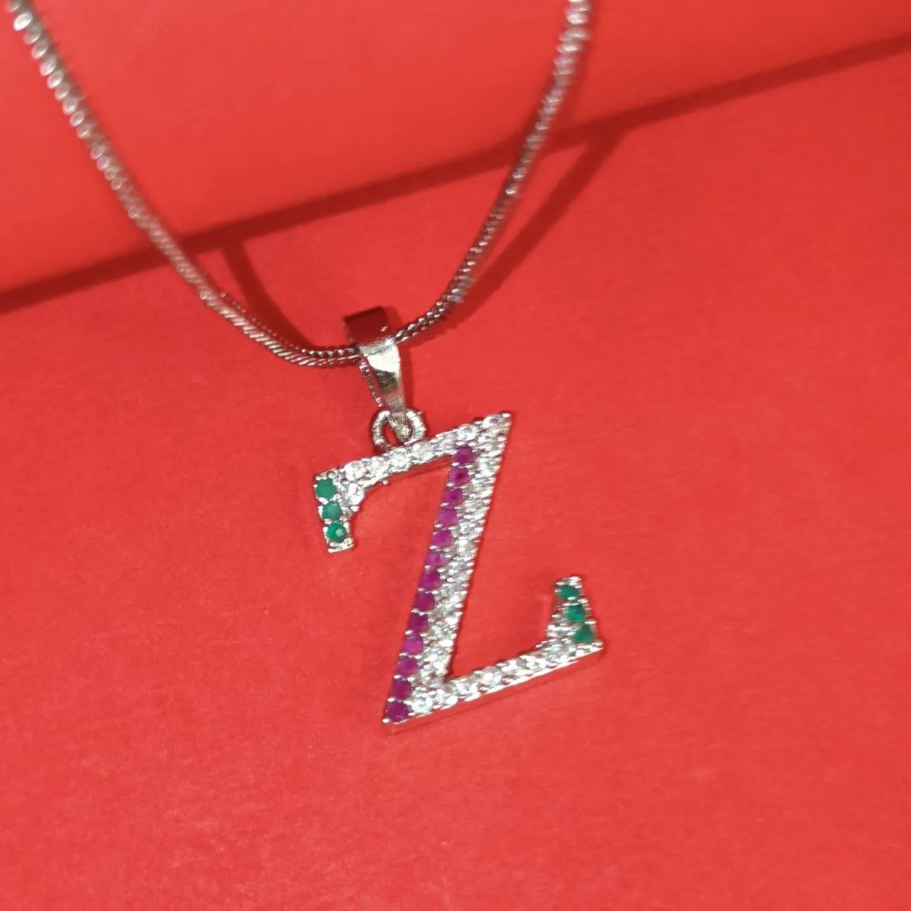 Nimoraa Z Initial Silver Plated Pendant Chain with Red & Green Stones