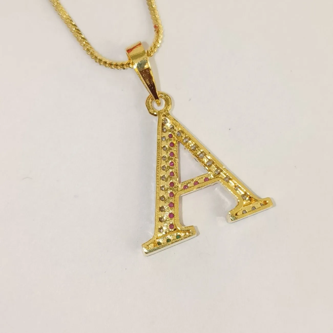 Nimoraa A Initial Gold Plated Pendant Chain with Red & Green Stones