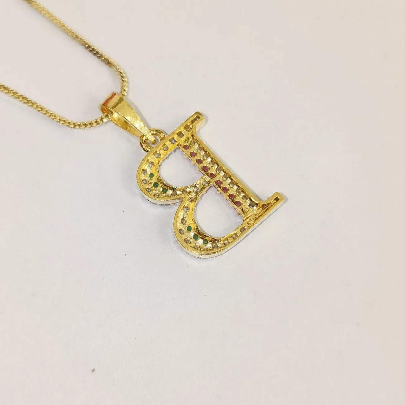 Nimoraa B Initial Gold Plated Pendant Chain with Red & Green Stones