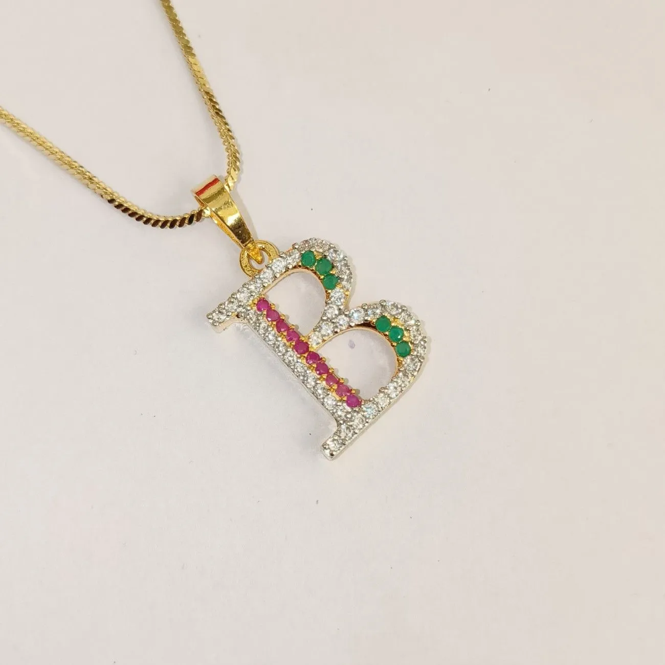 Nimoraa B Initial Gold Plated Pendant Chain with Red & Green Stones