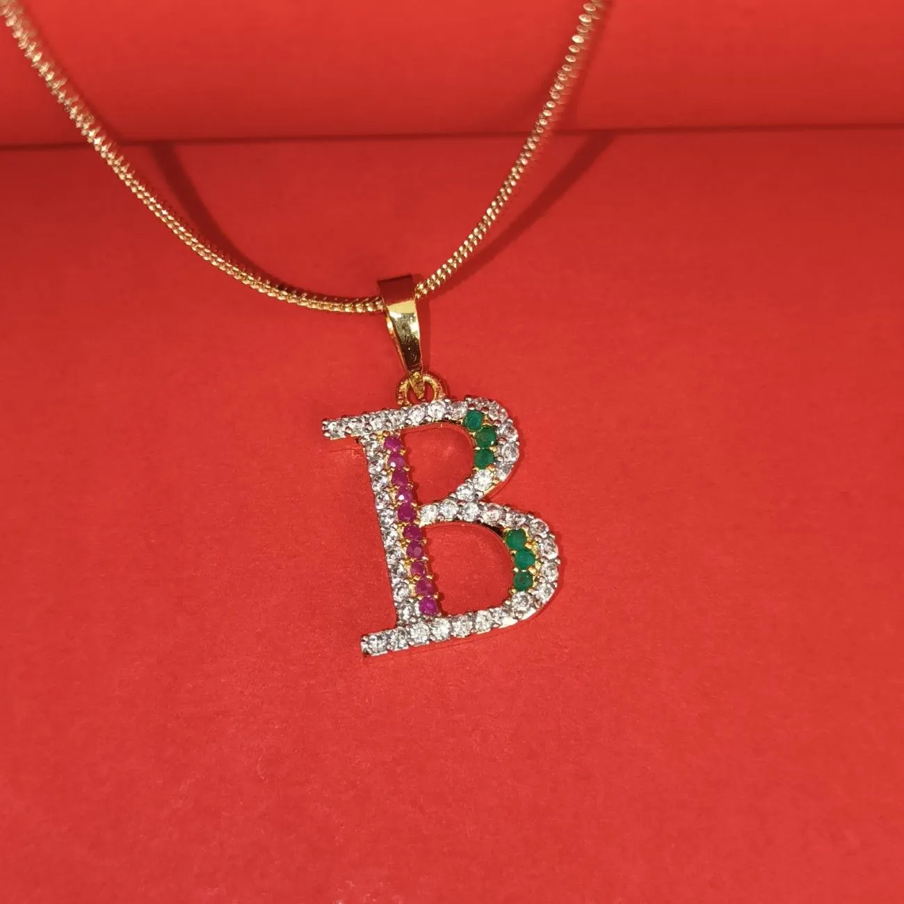 Nimoraa B Initial Gold Plated Pendant Chain with Red & Green Stones