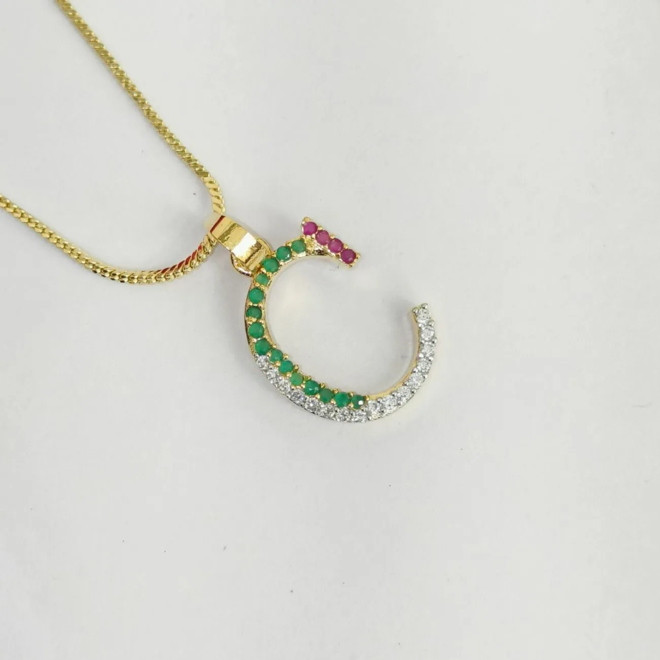 Nimoraa C Initial Gold Plated Pendant Chain with Red & Green Stones