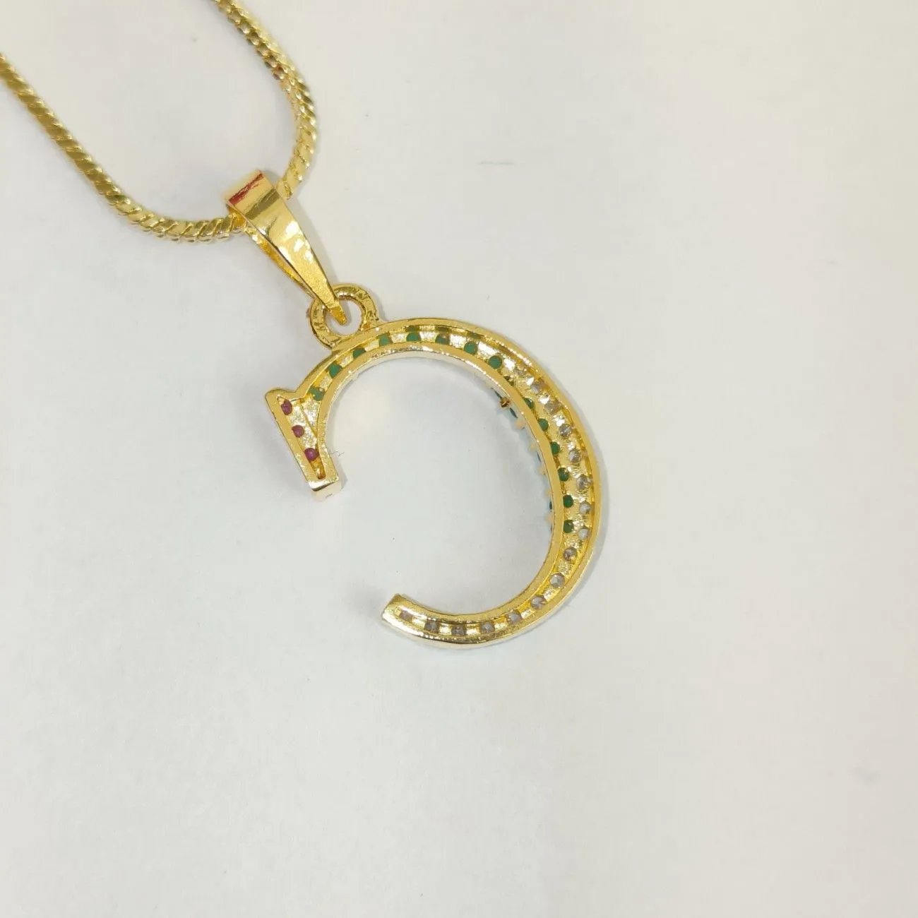 Nimoraa C Initial Gold Plated Pendant Chain with Red & Green Stones