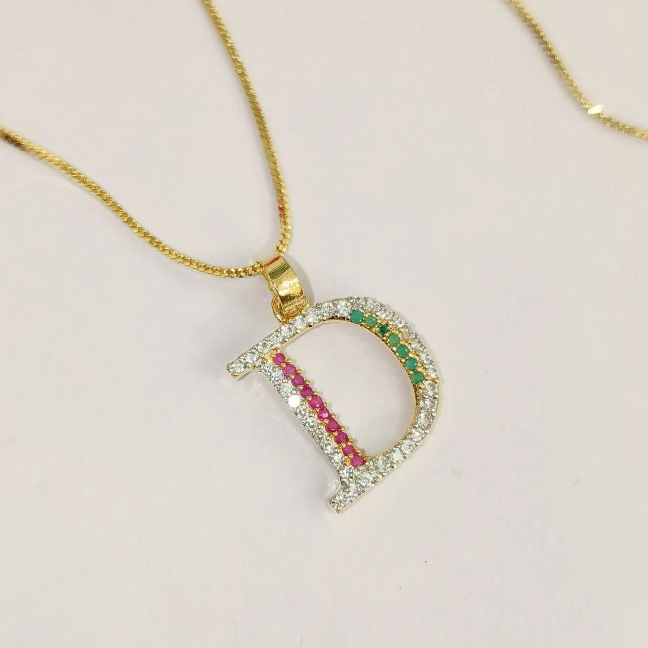 Nimoraa D Initial Gold Plated Pendant Chain with Red & Green Stones