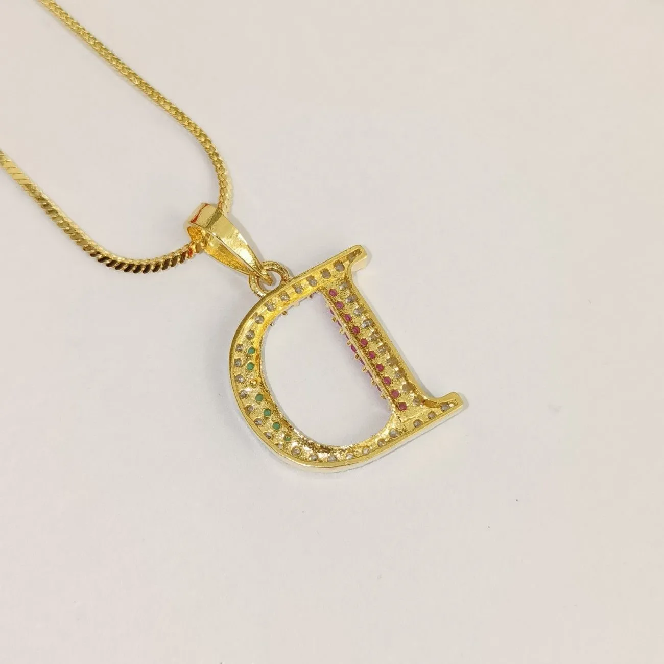 Nimoraa D Initial Gold Plated Pendant Chain with Red & Green Stones