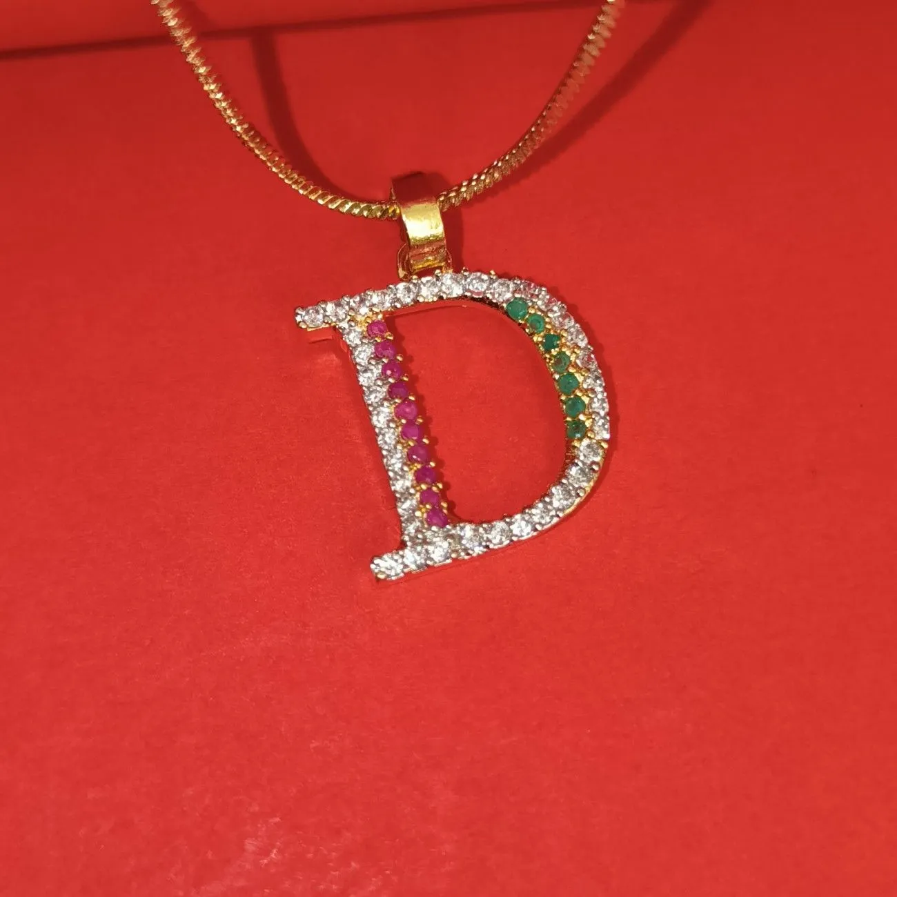 Nimoraa D Initial Gold Plated Pendant Chain with Red & Green Stones