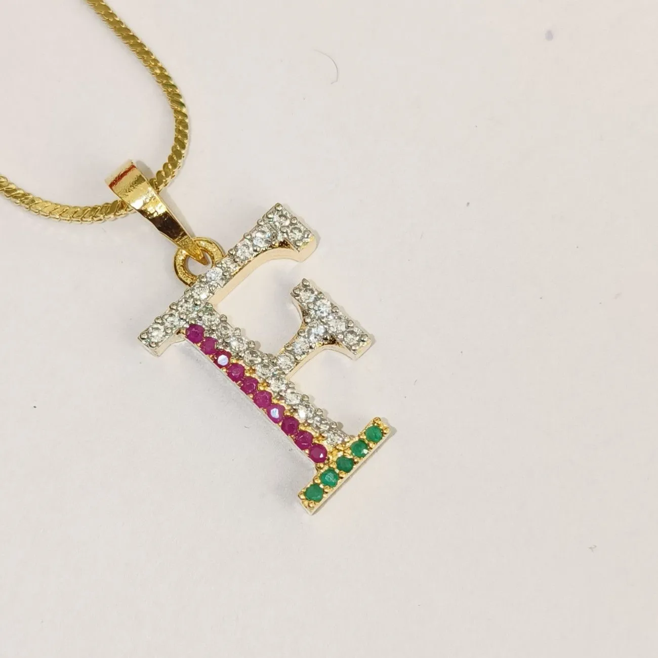 Nimoraa F Initial Gold Plated Pendant Chain with Red & Green Stones