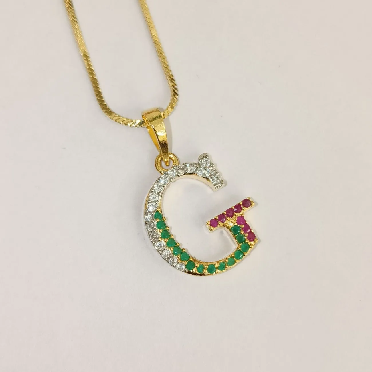 Nimoraa G Initial Gold Plated Pendant Chain with Red & Green Stones