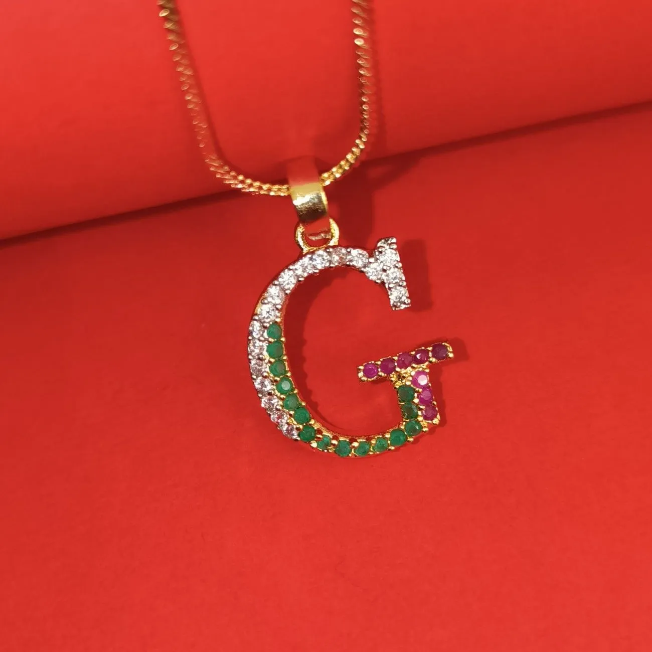 Nimoraa G Initial Gold Plated Pendant Chain with Red & Green Stones