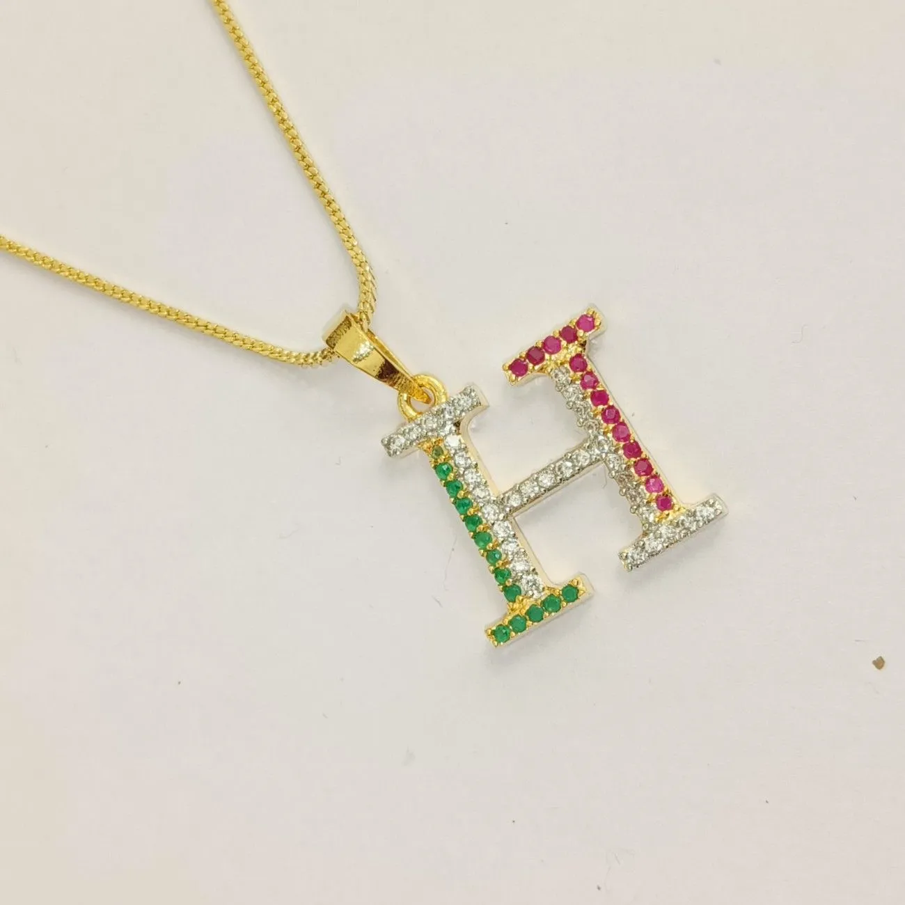 Nimoraa H Initial Gold Plated Pendant Chain with Red & Green Stones