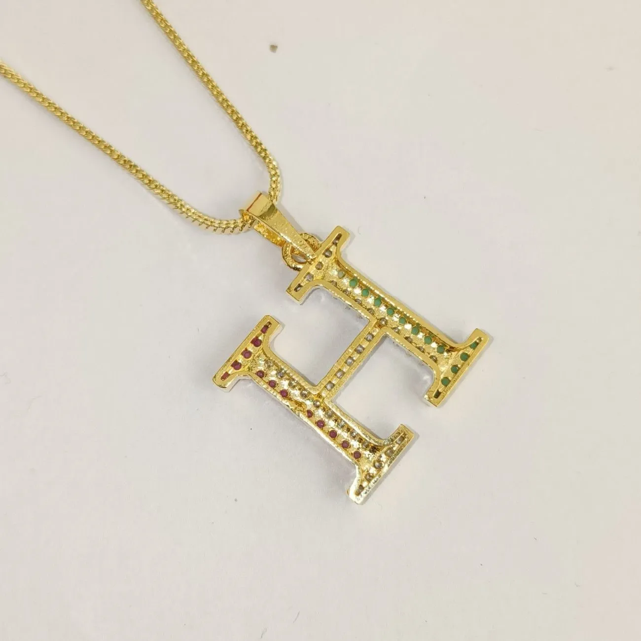 Nimoraa H Initial Gold Plated Pendant Chain with Red & Green Stones