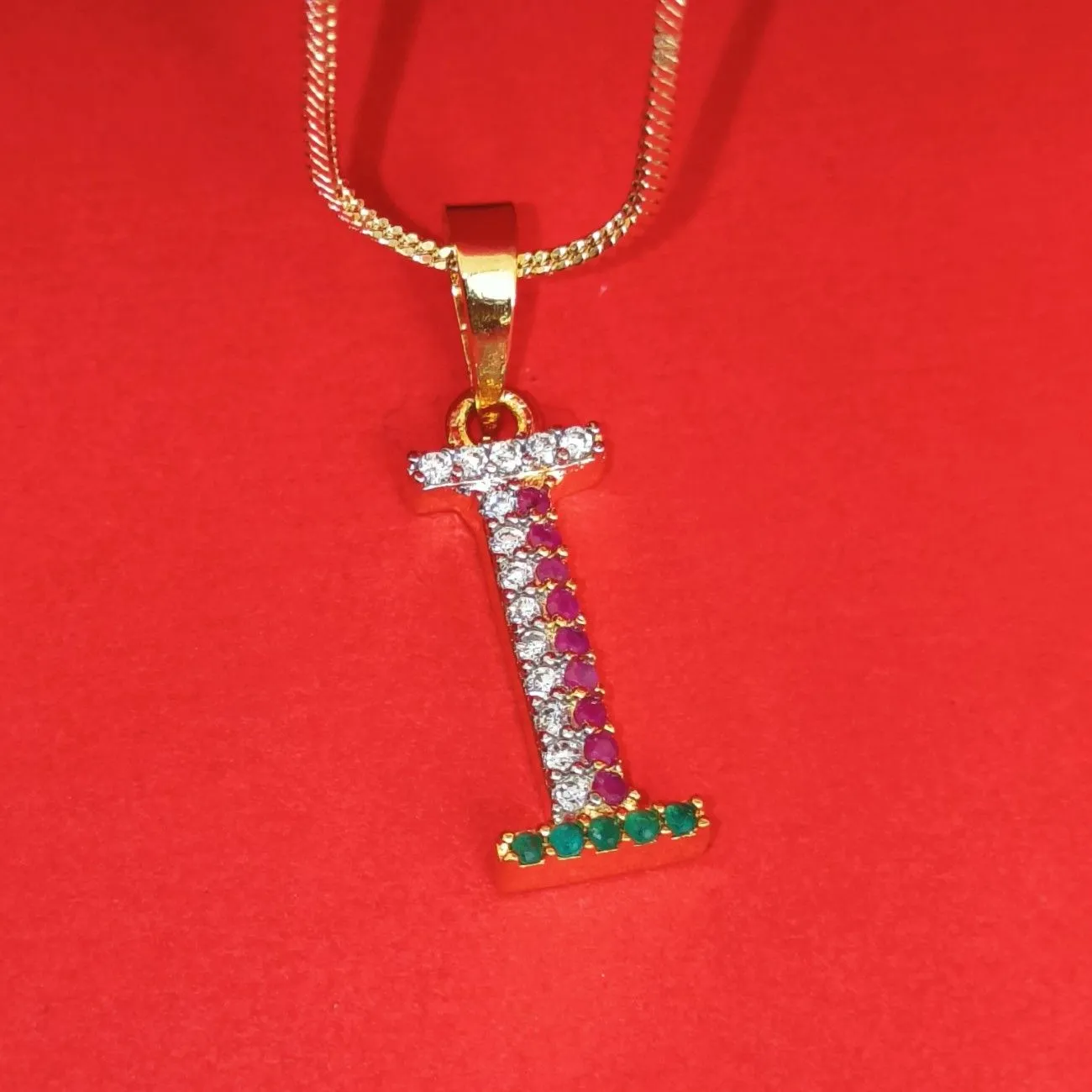 Nimoraa I Initial Gold Plated Pendant Chain with Red & Green Stones