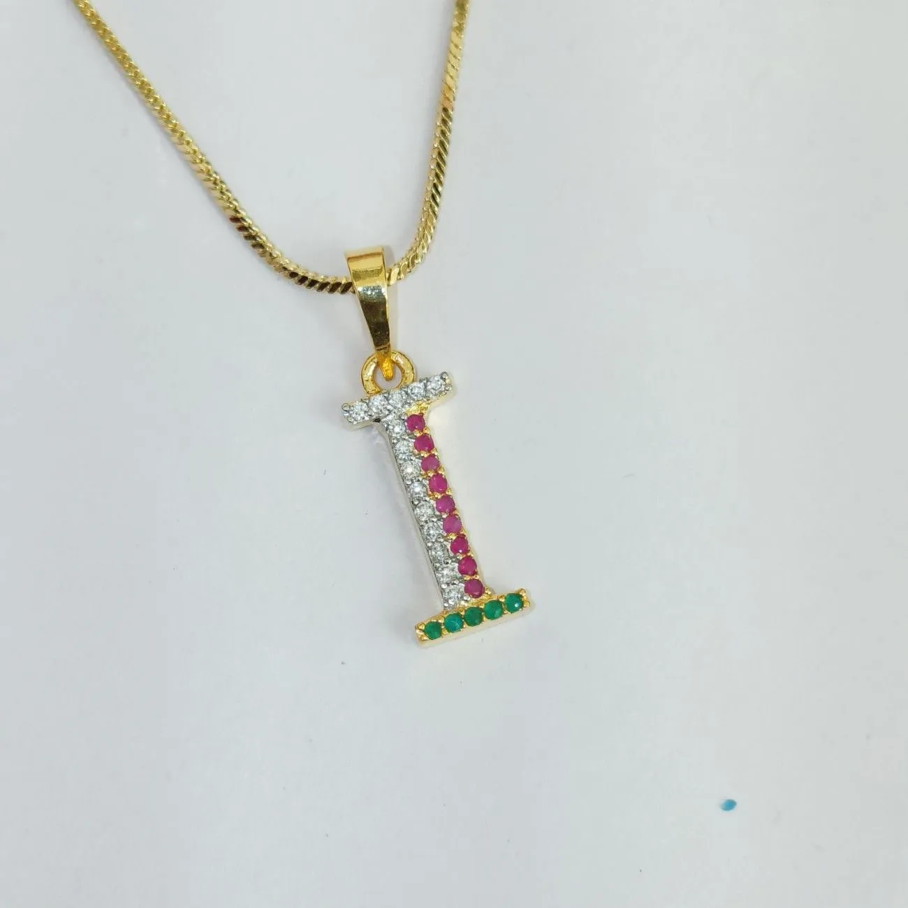 Nimoraa I Initial Gold Plated Pendant Chain with Red & Green Stones