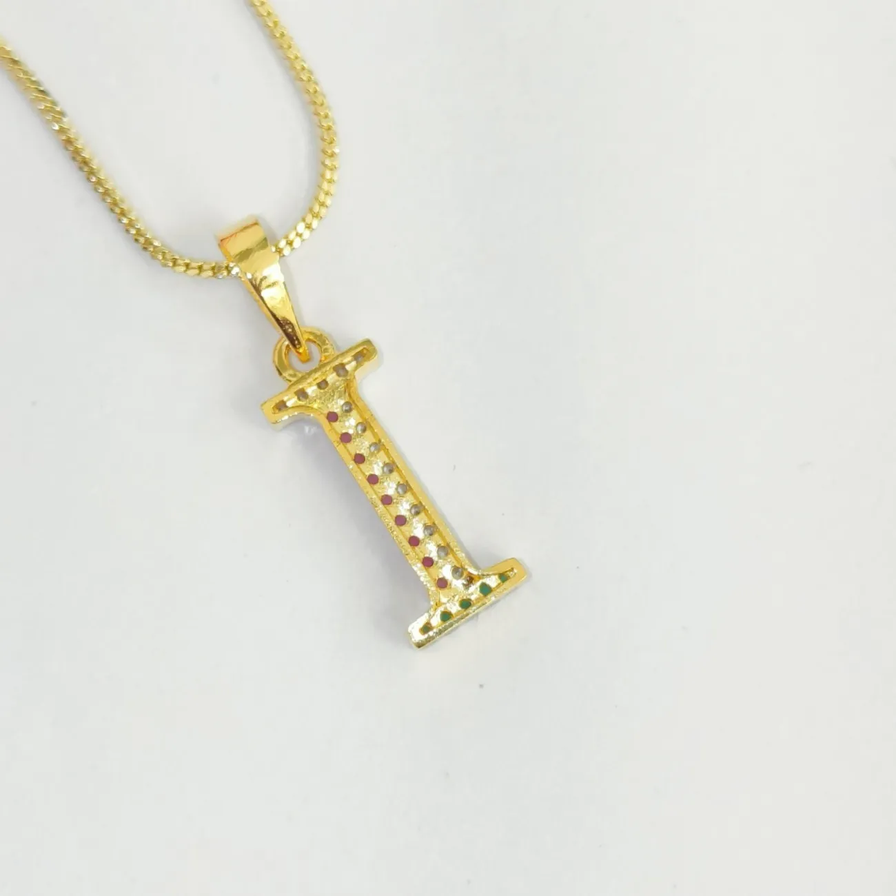 Nimoraa I Initial Gold Plated Pendant Chain with Red & Green Stones