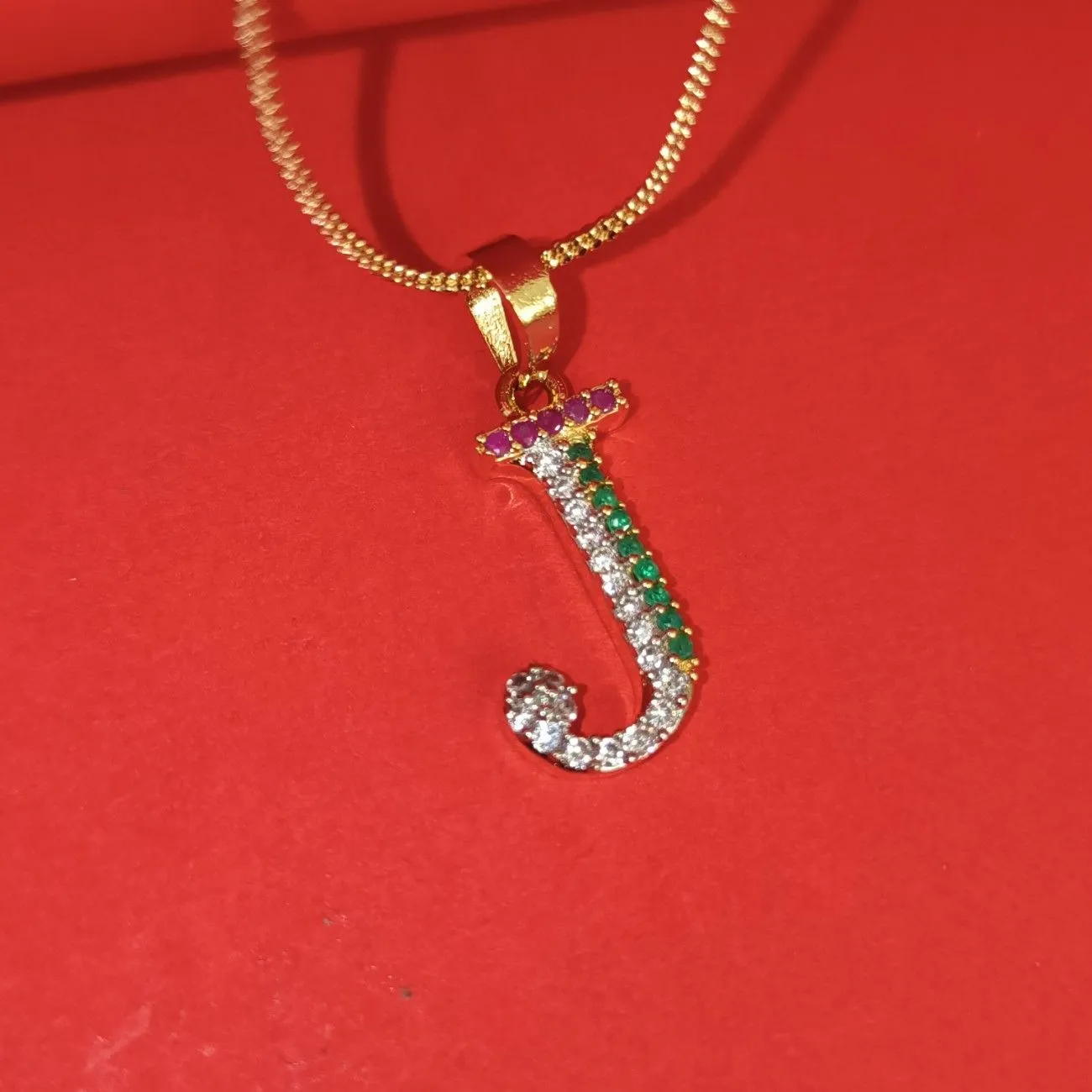 Nimoraa J Initial Gold Plated Pendant Chain with Red & Green Stones