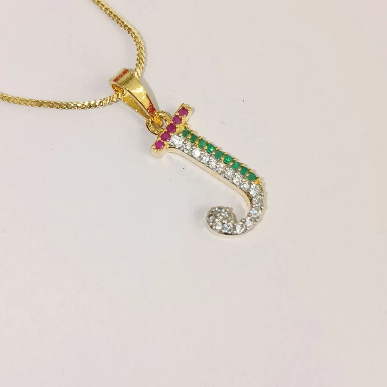 Nimoraa J Initial Gold Plated Pendant Chain with Red & Green Stones