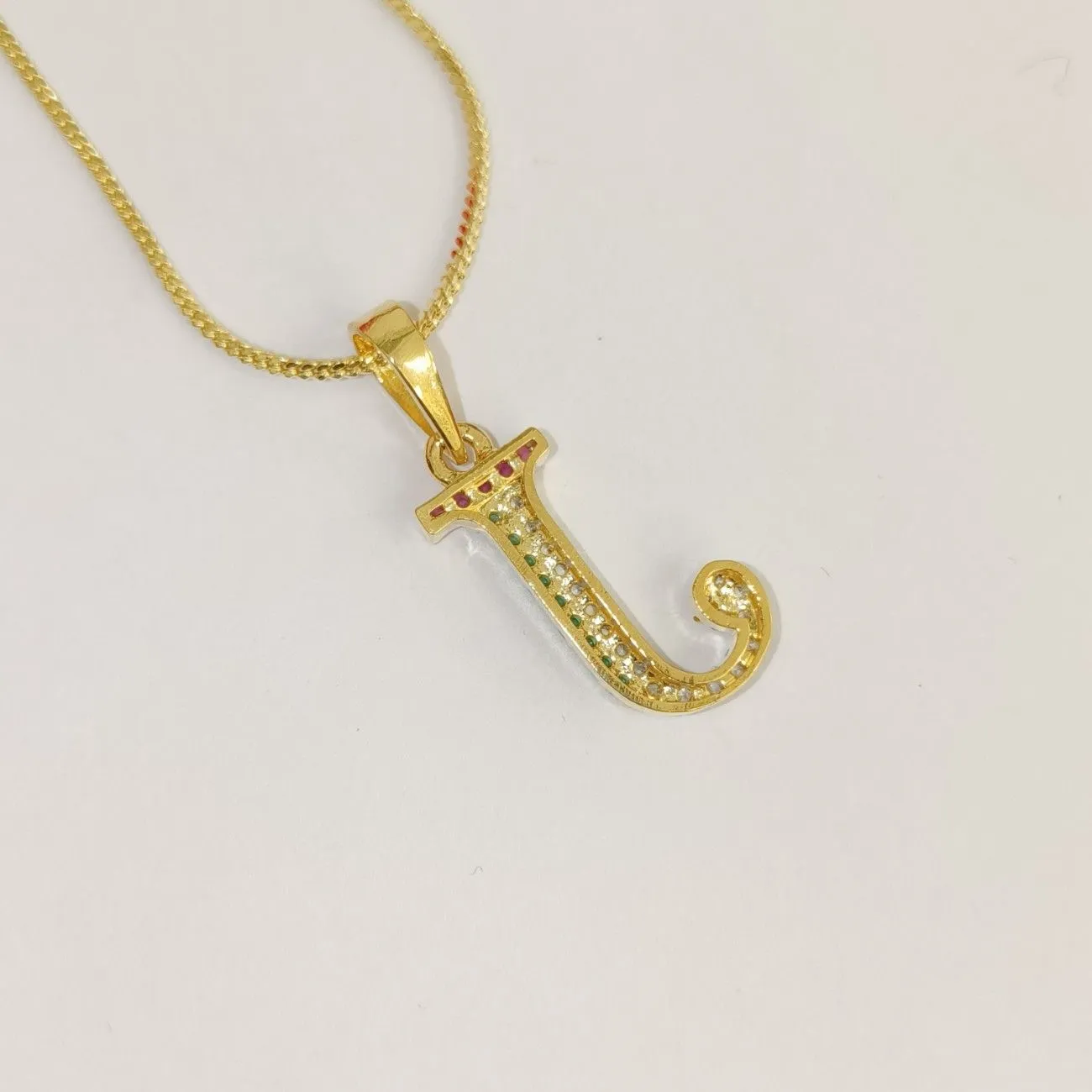 Nimoraa J Initial Gold Plated Pendant Chain with Red & Green Stones