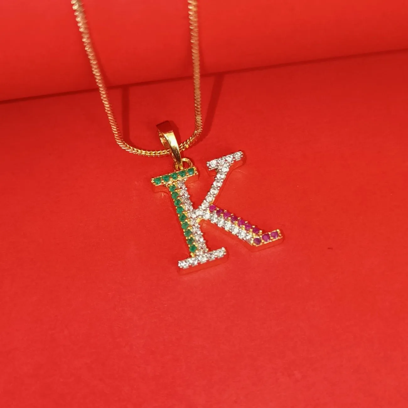 Nimoraa K Initial Gold Plated Pendant Chain with Red & Green Stones