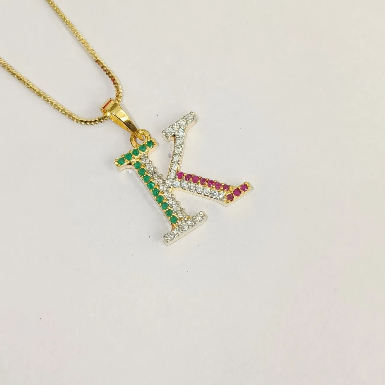 Nimoraa K Initial Gold Plated Pendant Chain with Red & Green Stones