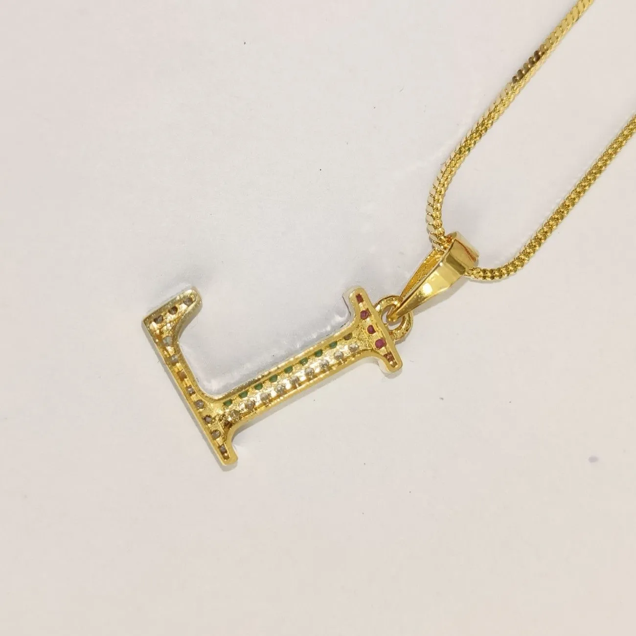 Nimoraa L Initial Gold Plated Pendant Chain with Red & Green Stones