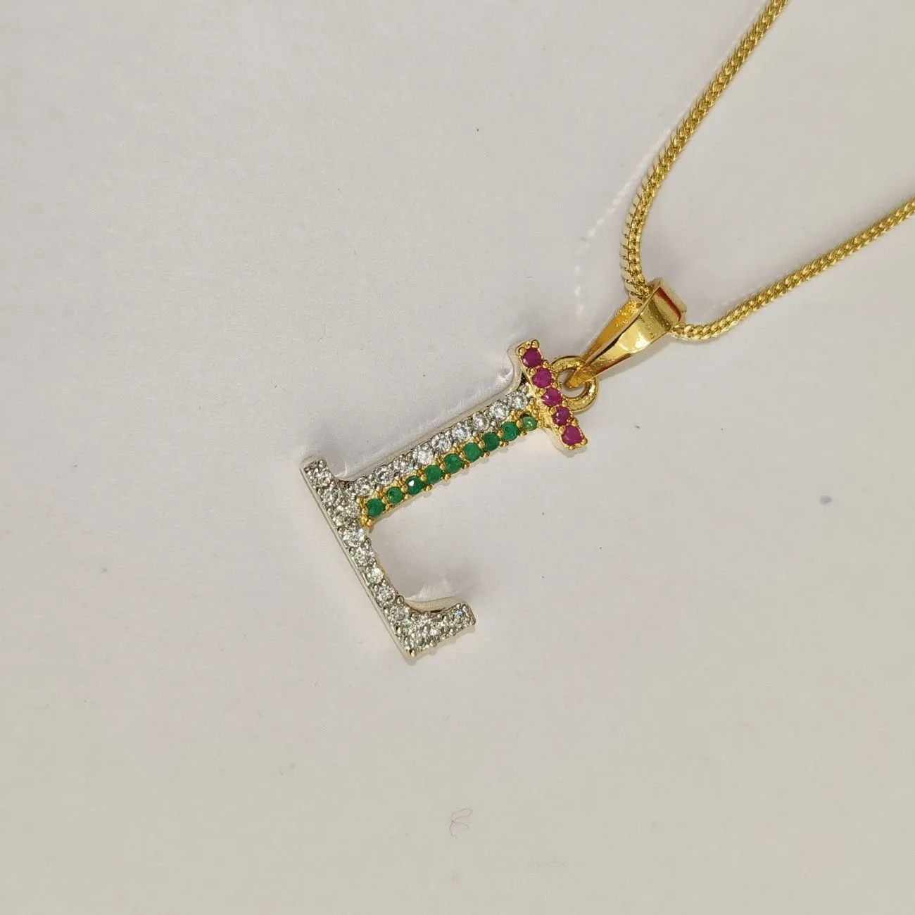 Nimoraa L Initial Gold Plated Pendant Chain with Red & Green Stones