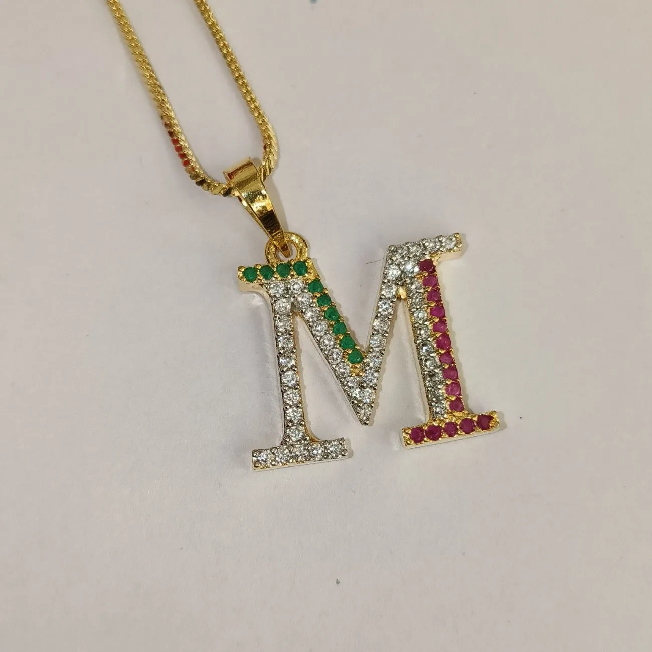 Nimoraa M Initial Gold Plated Pendant Chain with Red & Green Stones