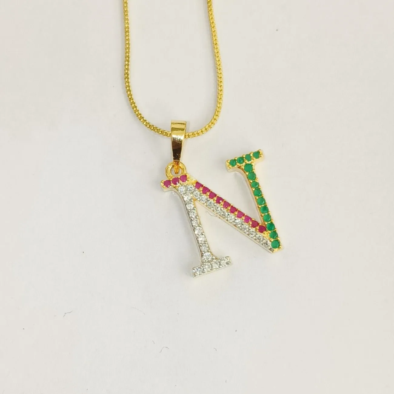 Nimoraa N Initial Gold Plated Pendant Chain with Red & Green Stones