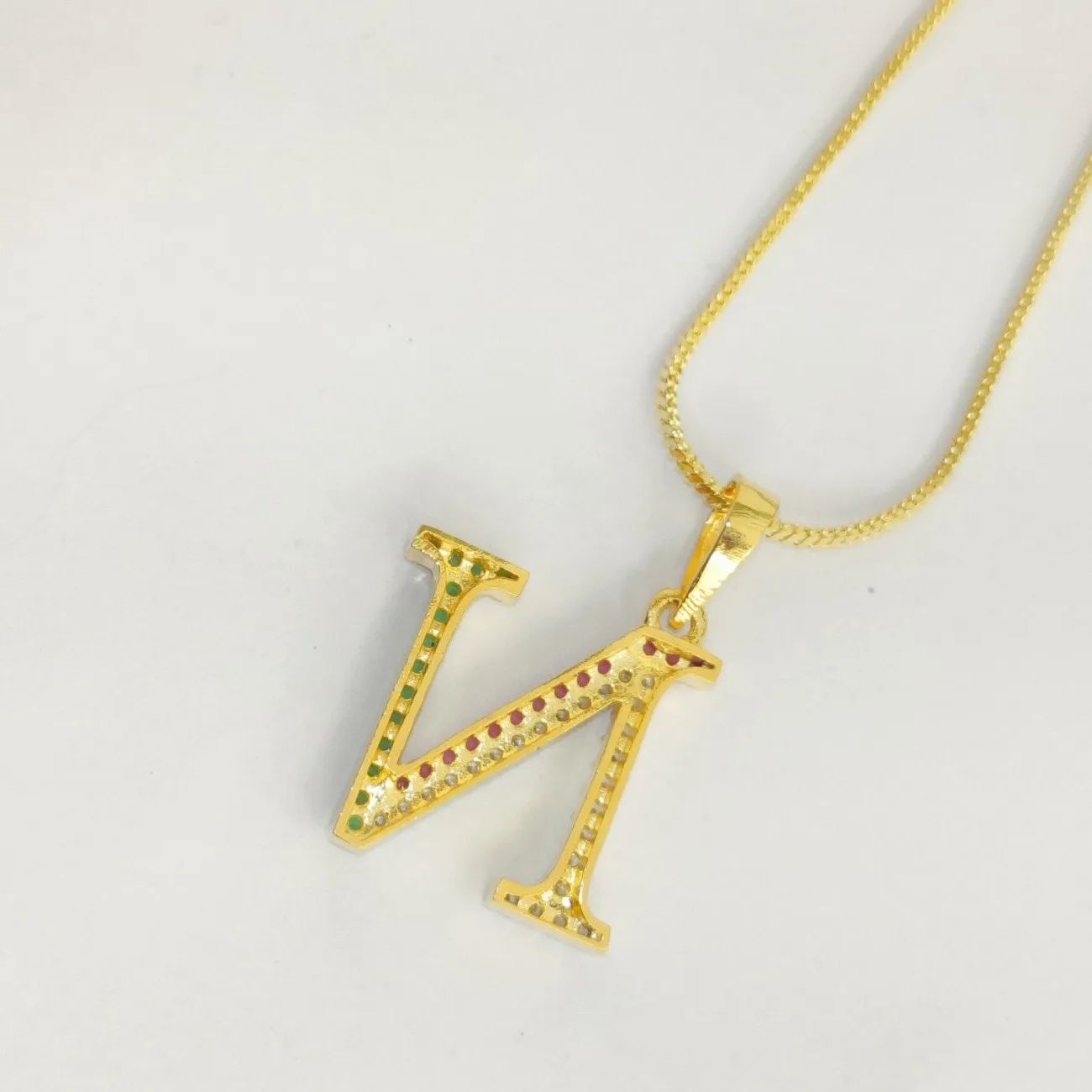 Nimoraa N Initial Gold Plated Pendant Chain with Red & Green Stones