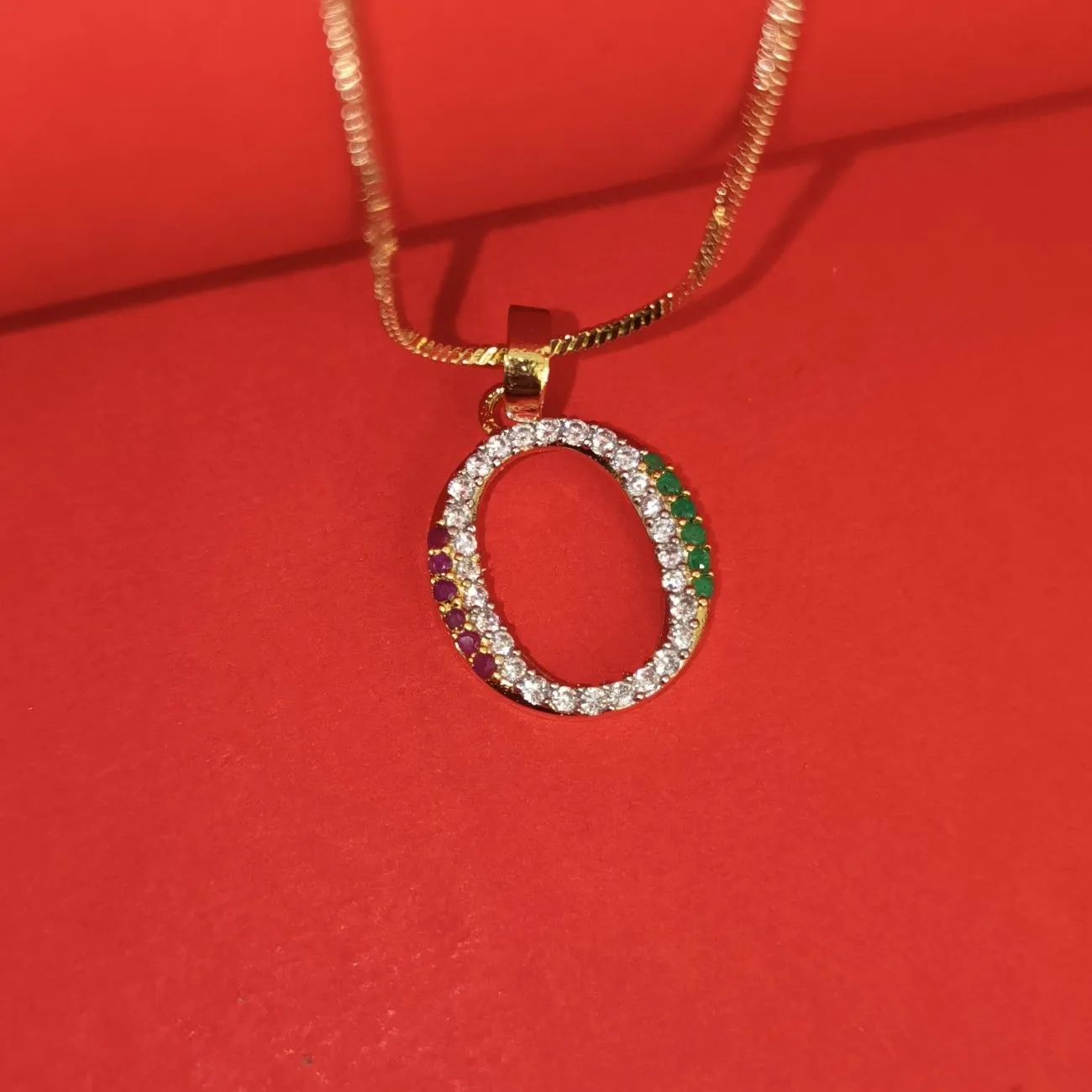 Nimoraa O Initial Gold Plated Pendant Chain with Red & Green Stones