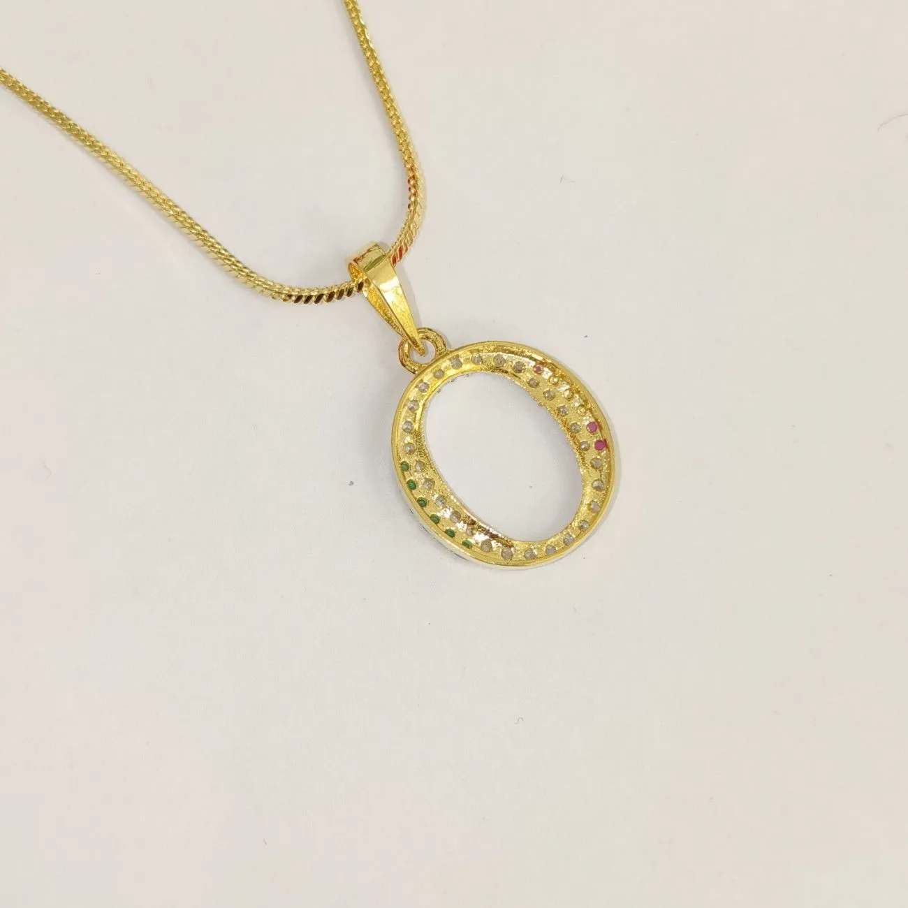 Nimoraa O Initial Gold Plated Pendant Chain with Red & Green Stones