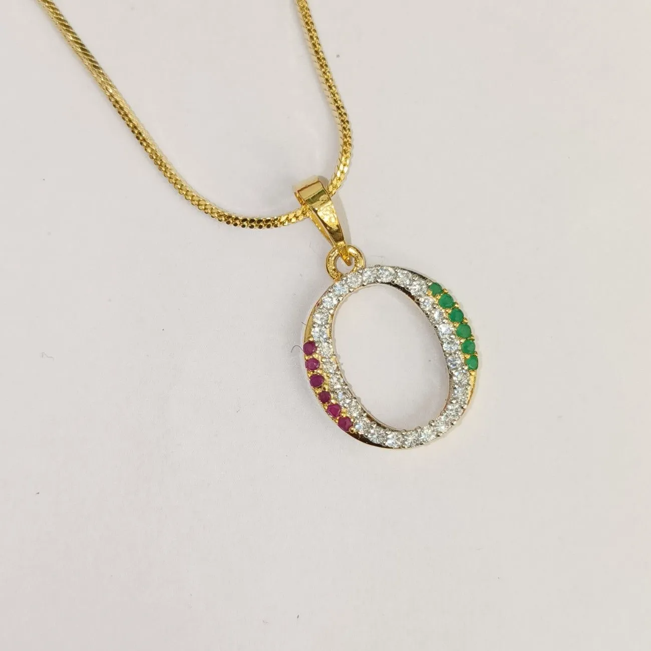 Nimoraa O Initial Gold Plated Pendant Chain with Red & Green Stones