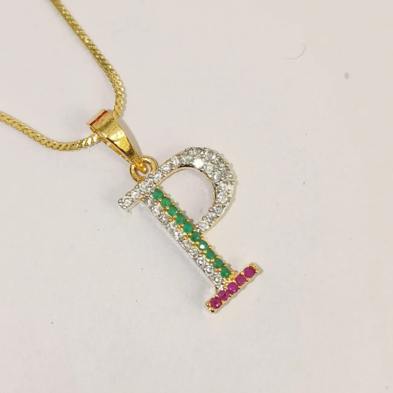 Nimoraa P Initial Gold Plated Pendant Chain with Red & Green Stones