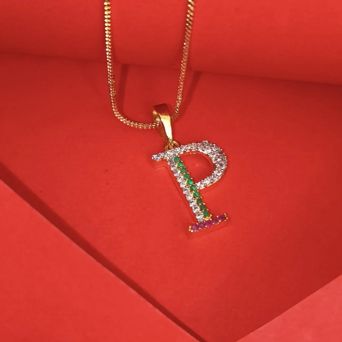 Nimoraa P Initial Gold Plated Pendant Chain with Red & Green Stones